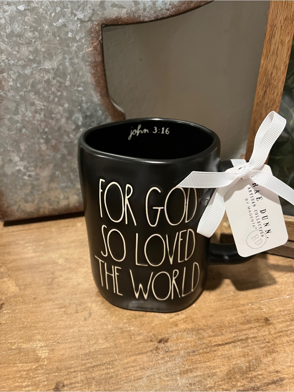 Rae Dunn Black Mug with White Lettering - "For God So Loved The World"